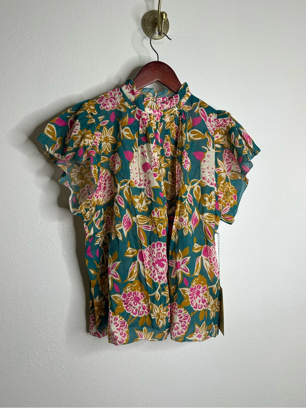 NWT Trovata Cotton Ramie Carla High Neck Floral Short Sleeve Blouse Top